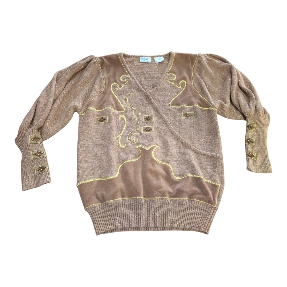 Bonnie & Bill by Holly Vintage 80s Women Medium Camel Brown Sparkle Jewel V-Neck